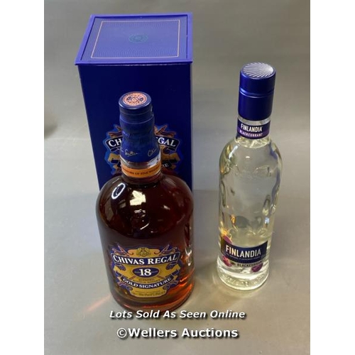 9603 - X1 NEW CHIVAS REGAL 18 GOLD WHISKY 40% VOL. 1L AND X1 NEW FINLANDIA BLACKCURRANT FLAVOURED VODKA 37.... 