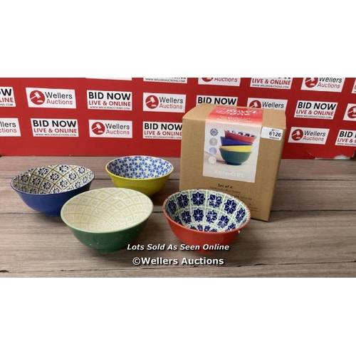 6126 - PATTERNED STONEWARE BOWLS, 4 PACK / APPEARS NEW OPEN BOX / A7