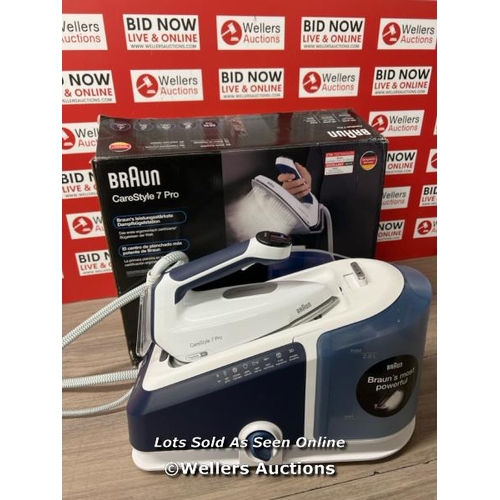 60 - BRAUN CARESTYLE 7 PRO STEAM GENERATOR IRON IN BLUE, IS7282BL / POWERS UP / SIGNS OF USE / C31