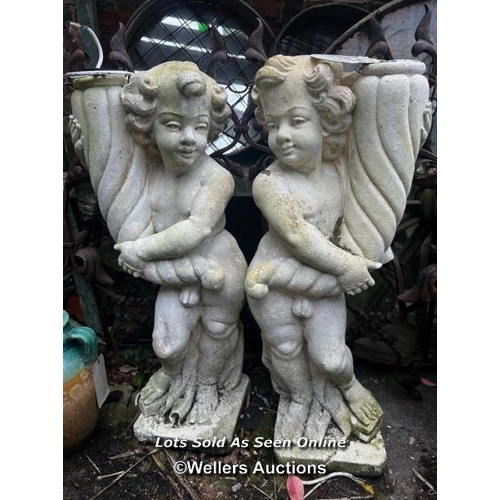 662 - PAIR OF MARBLE COPOSITION CHERUBS SUPPORTING CORNUCOPIA, PREVIOUSLY USED AS LAMPS, THIS LOT IS LOCAT... 