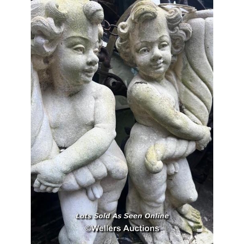 662 - PAIR OF MARBLE COPOSITION CHERUBS SUPPORTING CORNUCOPIA, PREVIOUSLY USED AS LAMPS, THIS LOT IS LOCAT... 