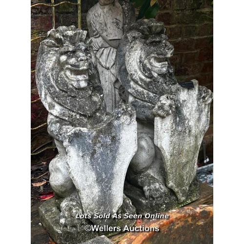 668 - PAIR OF WEATHERED RE-CONSTITUTED STONE LIONS WITH SHIELDS, SOME WARE AND MINOR DAMAGE, THIS LOT IS L... 