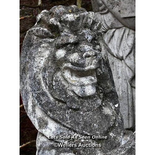 668 - PAIR OF WEATHERED RE-CONSTITUTED STONE LIONS WITH SHIELDS, SOME WARE AND MINOR DAMAGE, THIS LOT IS L... 