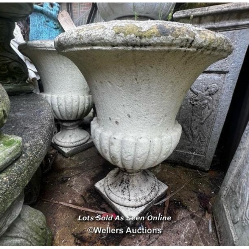 671 - LARGE PAIR OF WEATHERED COMPOSITION URNS, THIS LOT IS LOCATED AWAY FROM THE AUCTION SITE, TO VIEW TH... 