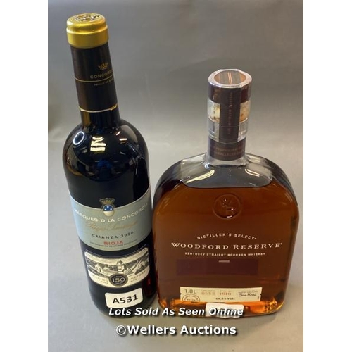 9522 - X1 NEW WOODFORD RESERVE WHISKEY 43.2% VOL. 1L AND X1 NEW MARQUES D LA CONCORDIA RIGIA SANTIAGO CRIAN... 