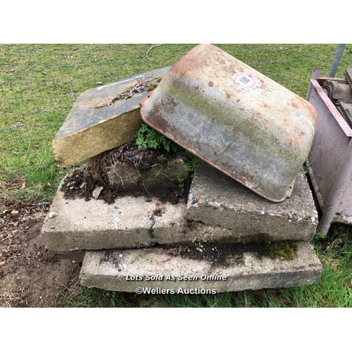 100 - FOUR CONCRETE SLABS, CAST IRON TROUGH AND 1X PIECE OF YORKSTONE