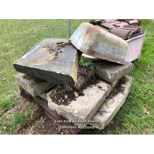 100 - FOUR CONCRETE SLABS, CAST IRON TROUGH AND 1X PIECE OF YORKSTONE