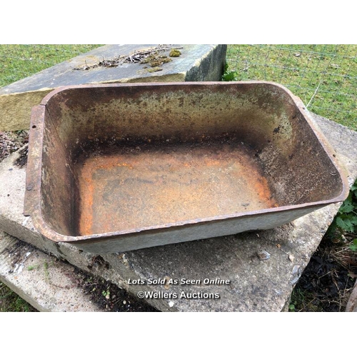 100 - FOUR CONCRETE SLABS, CAST IRON TROUGH AND 1X PIECE OF YORKSTONE