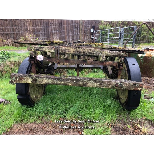 102 - OLD RAILWAY CART, IN NEED OF RESTORATION, TOTAL DIMENSIONS APPROX. 220CM W X 230CM L X 130CM H