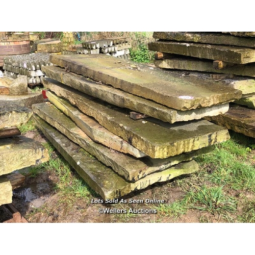 107 - FIVE LARGE PIECES OF YORKSTONE, LARGEST APPROX. 202CM L X 75CM W