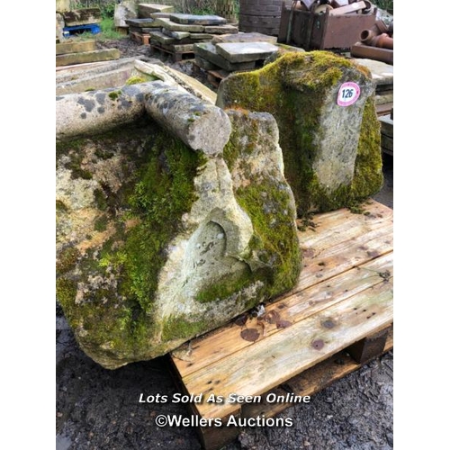 126 - PAIR OF STONE PIER CAPS WITH CRUCIFORM DESIGN TOP, SOME RESTORATION REQUIRED, EACH APPROX. 63CM H X ... 