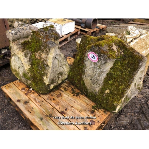 126 - PAIR OF STONE PIER CAPS WITH CRUCIFORM DESIGN TOP, SOME RESTORATION REQUIRED, EACH APPROX. 63CM H X ... 