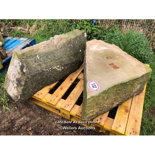 132 - TWO LARGE PIECES OF NATURAL STONE, LARGEST 90CM L