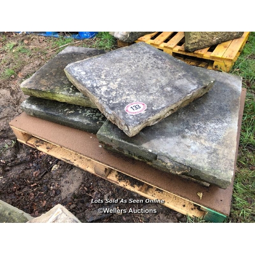 133 - FIVE PIECES OF YORKSTONE PAVING, VARIOUS SIZES, LARGEST 61CM W X 63CM L