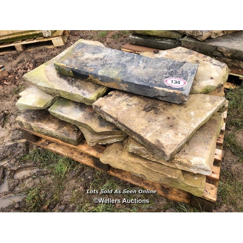 134 - THIRTEEN PIECES OF YORKSTONE CRAZY PAVING, VARIOUS SIZES, LARGEST 80CM L X 28CM W