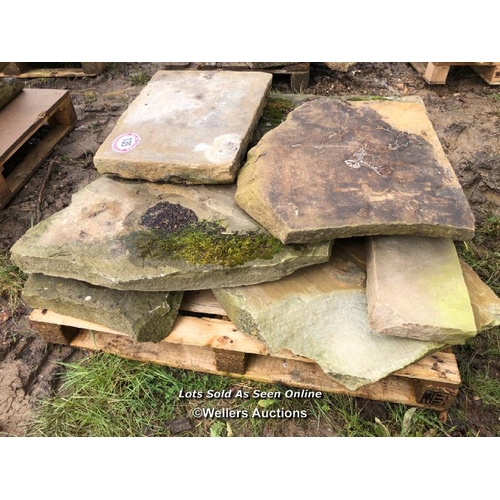 135 - EIGHT PIECES OF YORKSTONE CRAZY PAVING, VARIOUS SIZES, LARGEST 104CM L X 40CM W