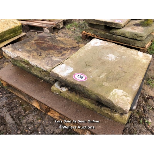 136 - FIVE PIECES OF YORKSTONE PAVING, VARIOUS SIZES, LARGEST 72CM W X 60CM L