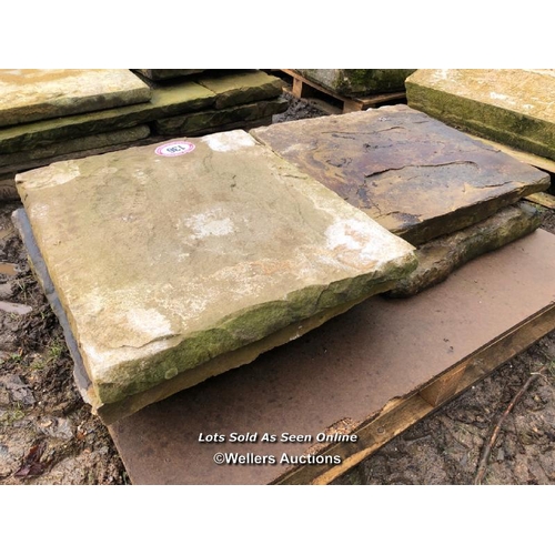 136 - FIVE PIECES OF YORKSTONE PAVING, VARIOUS SIZES, LARGEST 72CM W X 60CM L