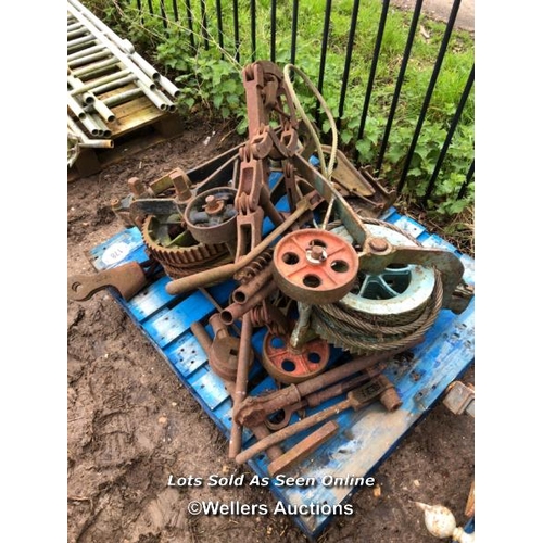 178 - PALLET OF ASSORTED MACHINERY PARTS AND IRONMONGERY, INCL. WINCHES, C-BOLTS ETC.