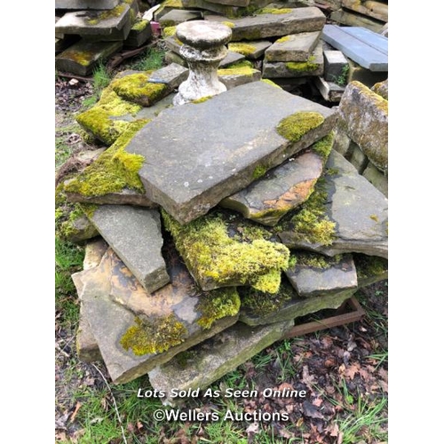 43 - LARGE QUANTITY OF YORKSTONE CRAZY PAVING AND STONE PLINTH, 88CM L X 56CM W