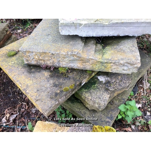 50 - EIGHT PIECES OF YORKSTONE AND A SINGLE PIECE OF LARGE ARCHED MARBLE, LARGEST 82CM W X 120CM L, MARBL... 