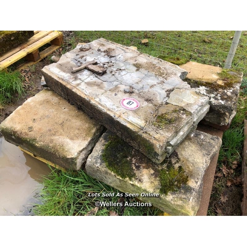 87 - FIVE PIECES OF MIXED STONE/CONCRETE COPING, LARGEST 100CM L X 55CM W