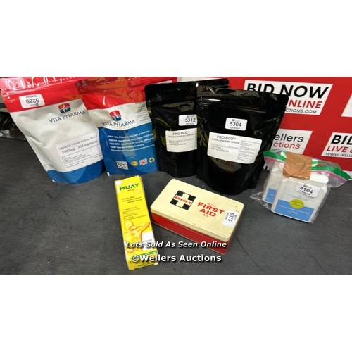 8080 - SMALL BOX OF ASSORTED ITEMS INC VITA PHARMA ORGANIC FRESH JELLY, PRO BODY, MINI FIRST AID KIT AND MO... 