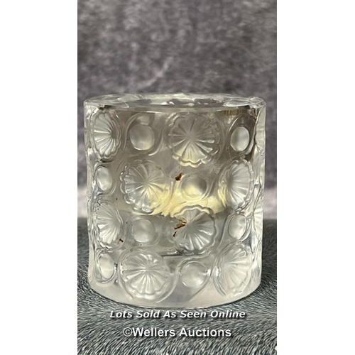 17 - Small Lalique 'Two Flowers' perfume bottle (stopper does not come out) with a Lalique candle holder ... 