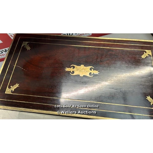 8013 - ROSEWOOD WRITING SLOPE WITH BRASS PROTECTIVE EDGING , STRINGING ETC. COMES COMPLETE WITH INKWELLS AN... 