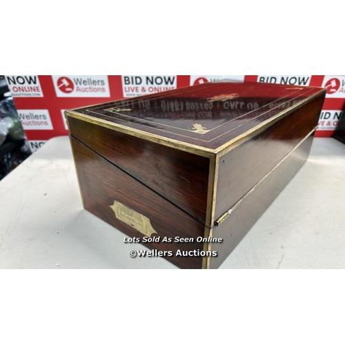 8013 - ROSEWOOD WRITING SLOPE WITH BRASS PROTECTIVE EDGING , STRINGING ETC. COMES COMPLETE WITH INKWELLS AN... 