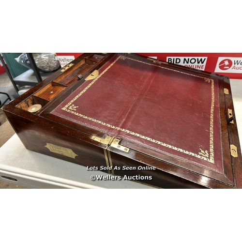 8013 - ROSEWOOD WRITING SLOPE WITH BRASS PROTECTIVE EDGING , STRINGING ETC. COMES COMPLETE WITH INKWELLS AN... 