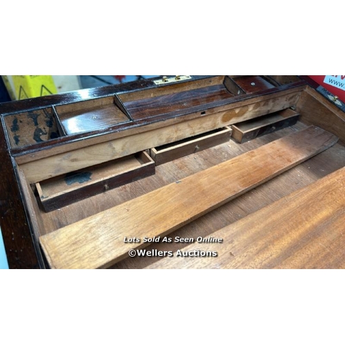 8013 - ROSEWOOD WRITING SLOPE WITH BRASS PROTECTIVE EDGING , STRINGING ETC. COMES COMPLETE WITH INKWELLS AN... 