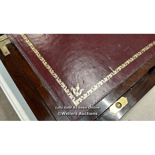 8013 - ROSEWOOD WRITING SLOPE WITH BRASS PROTECTIVE EDGING , STRINGING ETC. COMES COMPLETE WITH INKWELLS AN... 