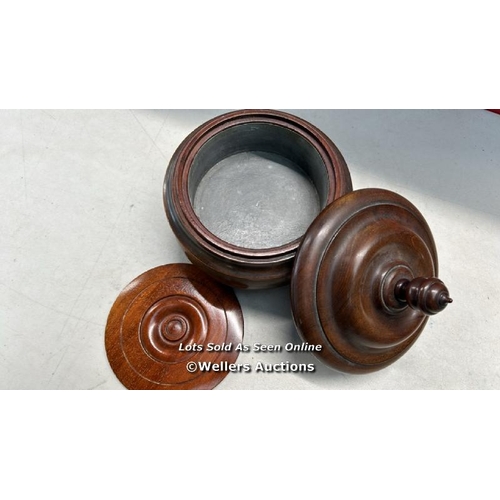 8024 - ANTIQUE TURNED WOOD DOUBLE LIDDED TEA CADDY MAHOGANY WITH A METAL LINING / T25