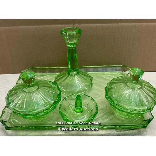 8189 - ART DECO URANIUM  VASELINE GLASS DRESSING TABLE SET  CANDLE RING POWDER HOLDERS / T39