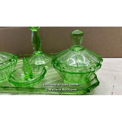 8189 - ART DECO URANIUM  VASELINE GLASS DRESSING TABLE SET  CANDLE RING POWDER HOLDERS / T39