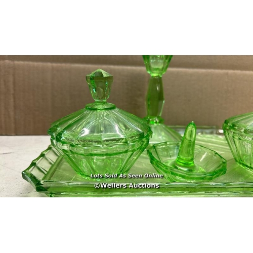 8189 - ART DECO URANIUM  VASELINE GLASS DRESSING TABLE SET  CANDLE RING POWDER HOLDERS / T39