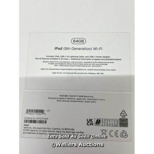 8262 - APPLE IPAD 9TH GEN / 10.2 INCH / WIFI / 64GB / SPACE GREY / MK2K3B/A / POWERS UP / ICLOUD UNLOCKED /... 