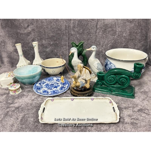 62 - Assorted ceramics including Japanese fisherman figurine, Ducks, fish vase, Aynsley vases and trinket... 