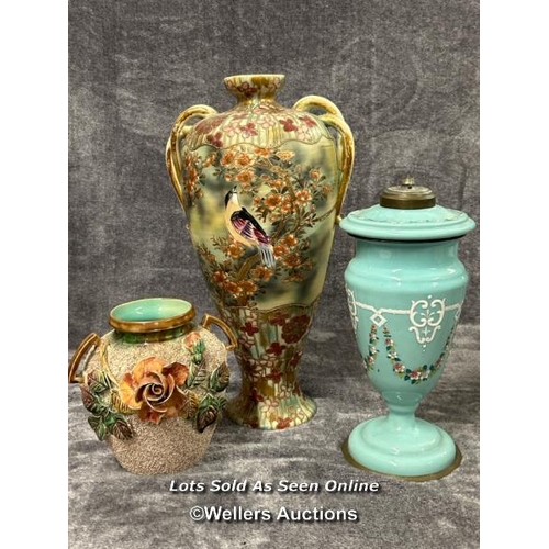 69 - Large Satsuma style vase decorated with birds and flowers, 47cm high with a ceramic oil lamp (incomp... 