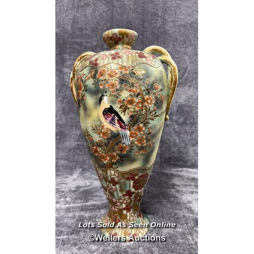 69 - Large Satsuma style vase decorated with birds and flowers, 47cm high with a ceramic oil lamp (incomp... 