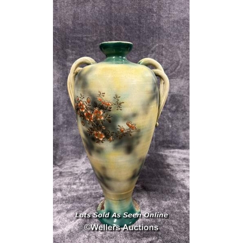 69 - Large Satsuma style vase decorated with birds and flowers, 47cm high with a ceramic oil lamp (incomp... 