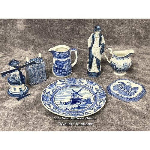 72 - Assorted blue & white porcelain including a Delfts plate and German figurine / AN12