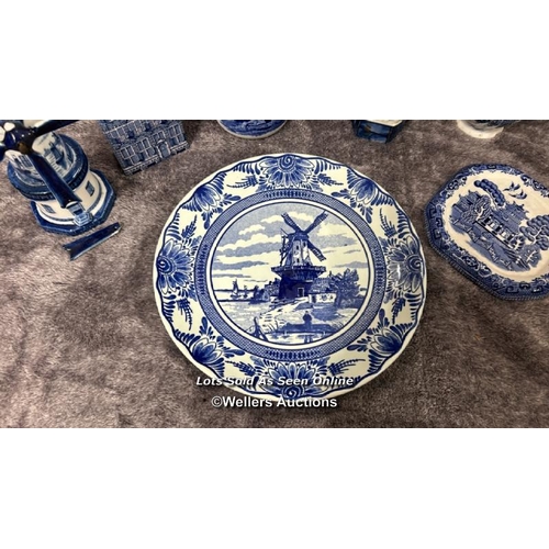 72 - Assorted blue & white porcelain including a Delfts plate and German figurine / AN12