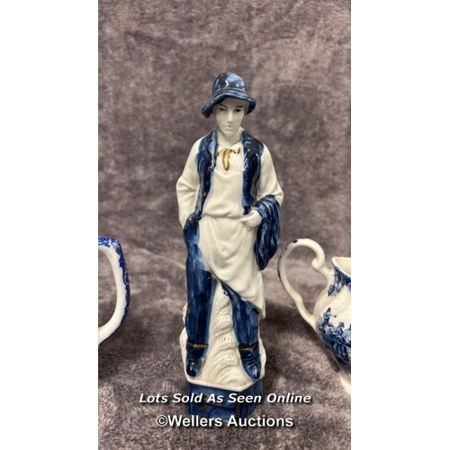 72 - Assorted blue & white porcelain including a Delfts plate and German figurine / AN12