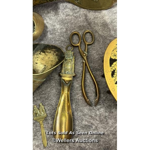 75 - Vintage brass including fire stoker set, iron stand and brass stirrups / AN14