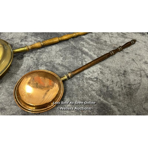 78 - Assorted copper & brass ware including hunting horn, large tray (61.5cm wide), pot and two bed warme... 