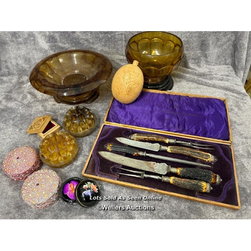 81 - Cased antler handled carving set with assorted glassware and trinket boxes / AN17