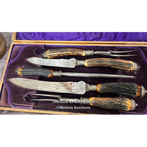 81 - Cased antler handled carving set with assorted glassware and trinket boxes / AN17