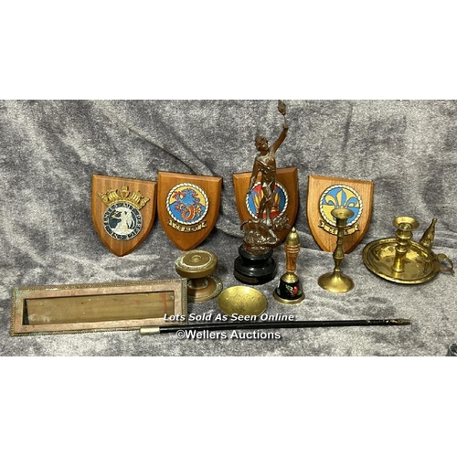 84 - Assorted mainly brass items including candle holders, letter box, bell and door knob with a metal st... 